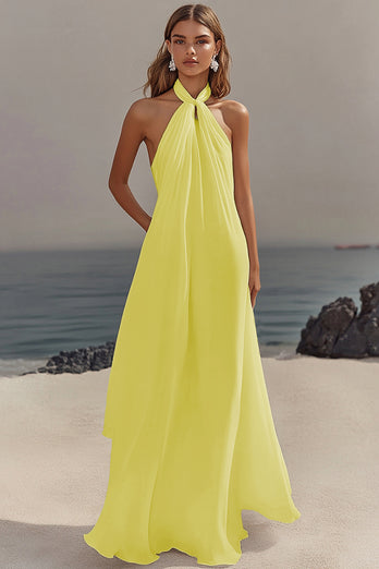 White Halter Chiffon A Line Pleated Long Rehearsal Dinner Dress