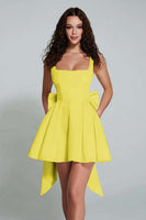 Load image into Gallery viewer, Plum A Line Square Neck Short Homecoming Dress with Bow