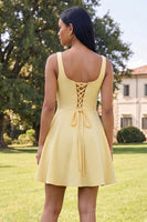 Load image into Gallery viewer, Blue Floral Square Neck A Line Short Homecoming Dress with Pockets