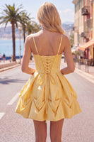 Load image into Gallery viewer, Yellow Spaghetti Straps Ruched A Line Short Homecoming Dress