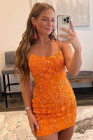 Load image into Gallery viewer, Orange Spaghetti Straps Beaded Homecoming Dress with Lace