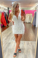 Load image into Gallery viewer, Sparkly Blue V-Neck Bodycon Sequined Homecoming Dress with Feathers