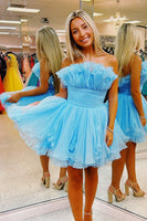 Load image into Gallery viewer, Blue A-Line Strapless Tulle Homecoming Dress with Ruffles