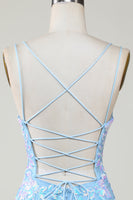 Load image into Gallery viewer, Sparkly Light Blue Spaghetti Straps Tight Short Hoco Dress with Lace
