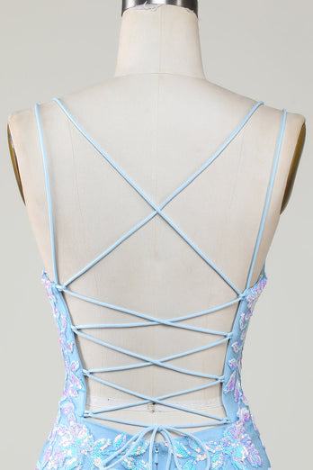 Sparkly Light Blue Spaghetti Straps Tight Short Hoco Dress with Lace