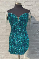 Load image into Gallery viewer, Sparkly Green Off The Shoulder Fringed Homecoming Dress with Sequins