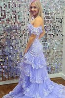 Load image into Gallery viewer, Navy Off The Shoulder Tiered Prom Dress