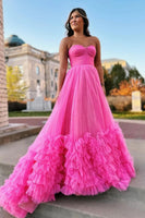 Load image into Gallery viewer, Hot Pink Corset Sweetheart A-Line Long Prom Dress with Ruffles
