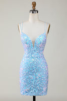 Load image into Gallery viewer, Sparkly Light Blue Spaghetti Straps Tight Short Hoco Dress with Lace