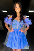 Load image into Gallery viewer, Glitter Red A-Line Sequined Homecoming Dress with Feathers