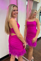 Load image into Gallery viewer, Glitter Light Blue Spaghetti Straps Bodycon Homecoming Dress with Feathers