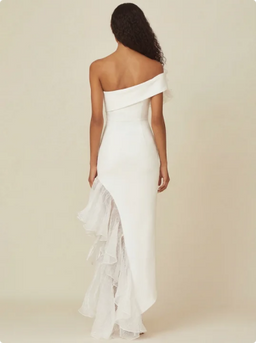 White Sheath Asymmetrical Long Rehearsal Dinner Dress with Ruffles