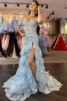 Load image into Gallery viewer, Navy Off The Shoulder Tiered Prom Dress