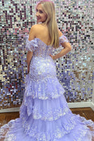 Load image into Gallery viewer, Navy Off The Shoulder Tiered Prom Dress