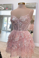 Load image into Gallery viewer, Pink Sparkly Spaghetti Straps Sequins Short Homecoming Dress