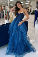 Load image into Gallery viewer, Sparkly Blue Corset A Line Long Prom Dress with Appliques
