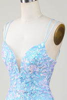 Load image into Gallery viewer, Sparkly Light Blue Spaghetti Straps Tight Short Hoco Dress with Lace
