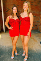 Load image into Gallery viewer, Sparkly Red Spaghetti Straps Corset Homecoming Dress with Sequins