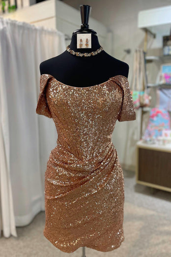 Fuchsia Off the Shoulder Tight Homecoming Dress with Sequins