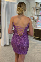 Load image into Gallery viewer, Sparkly Purple Spaghetti Straps Tight Short Homecoming Dress with Sequins
