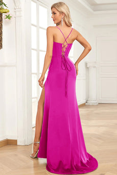 Fuchsia Mermaid Spaghetti Straps Satin Prom Dress with Slit Front