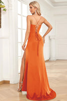 Load image into Gallery viewer, Fuchsia Mermaid Spaghetti Straps Satin Prom Dress with Slit Front