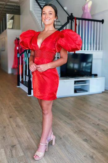 Sparkly Red Bodycon Beaded Homecoming Dress with Puff Sleeves