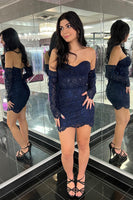 Load image into Gallery viewer, Sparkly Navy Sweetheart Corset Homecoming Dress with Detachable Sleeves