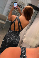 Load image into Gallery viewer, Glitter Black One Shoulder Sequins Long Prom Dress with Slit