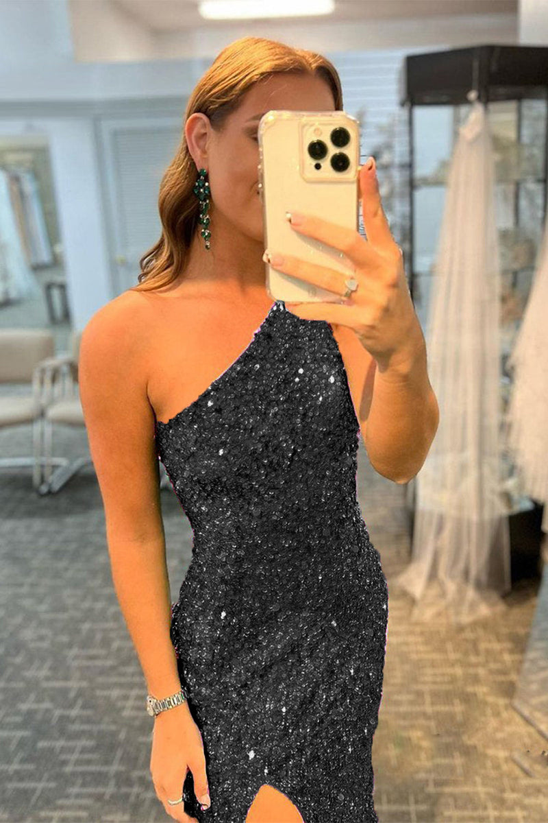 Load image into Gallery viewer, Glitter Black One Shoulder Sequins Long Prom Dress with Slit
