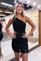 Load image into Gallery viewer, Sparkly Fuchsia One Shoulder Sequined Homecoming Dress with Fringes