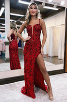 Load image into Gallery viewer, Sparkly Blue Sheath Sequins Long Prom Dress with Slit