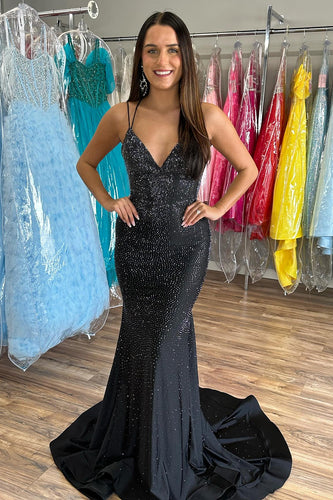 Glitter Black Mermaid Spaghetti Straps Sequined Long Prom Dress