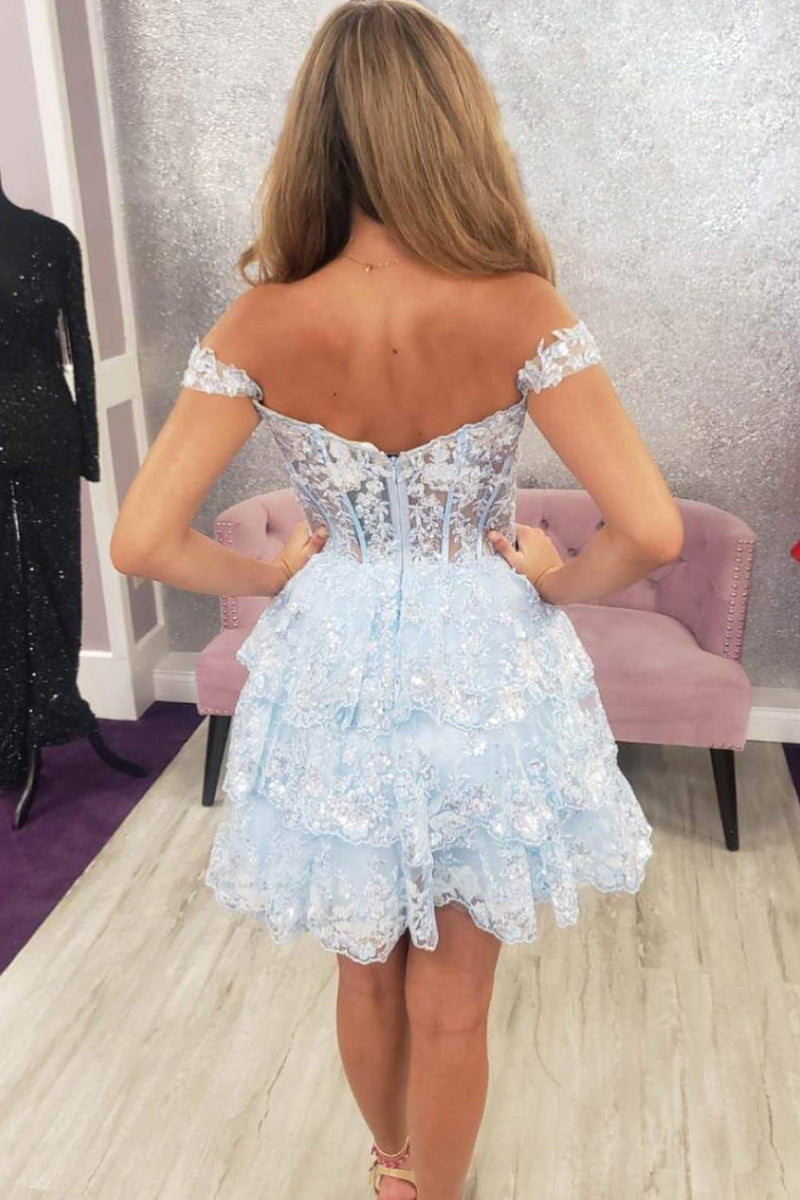 Load image into Gallery viewer, Sparkly A Line Off the Shoulder Blue Corset Homecoming Dress with Tiered Lace