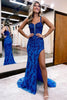 Load image into Gallery viewer, Sparkly Blue Sheath Sequins Long Prom Dress with Slit