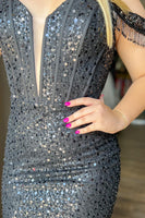 Load image into Gallery viewer, Sparkly Black Off The Shoulder Tight Homecoming Dress with Sequins