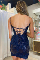 Load image into Gallery viewer, Sparkly Purple Spaghetti Straps Tight Short Homecoming Dress with Sequins