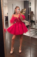 Load image into Gallery viewer, Glitter Red A-Line Sequined Homecoming Dress with Feathers