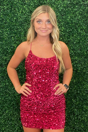 Sparkly Fuchsia Spaghetti Straps Sequined Tight Homecoming Dress