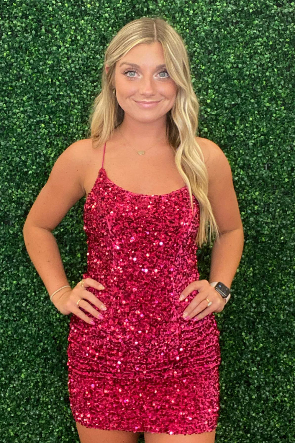 Sparkly Fuchsia Spaghetti Straps Sequined Tight Homecoming Dress