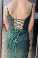Load image into Gallery viewer, Sparkly Dark Green Spaghetti Straps Corset Homecoming Dress with Sequins