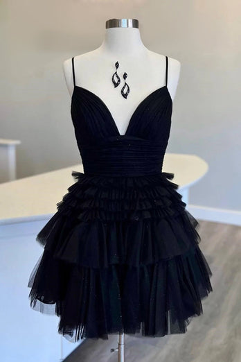 Black A-Line Spaghetti Straps Tulle Tiered Short Homecoming Dress