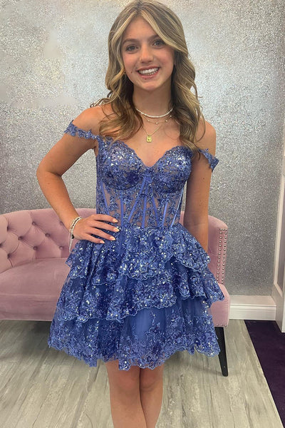 Sparkly A Line Off the Shoulder Dark Blue Corset Homecoming Dress with Tiered Lace