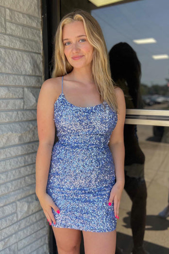 Sparkly Fuchsia Spaghetti Straps Sequined Tight Homecoming Dress