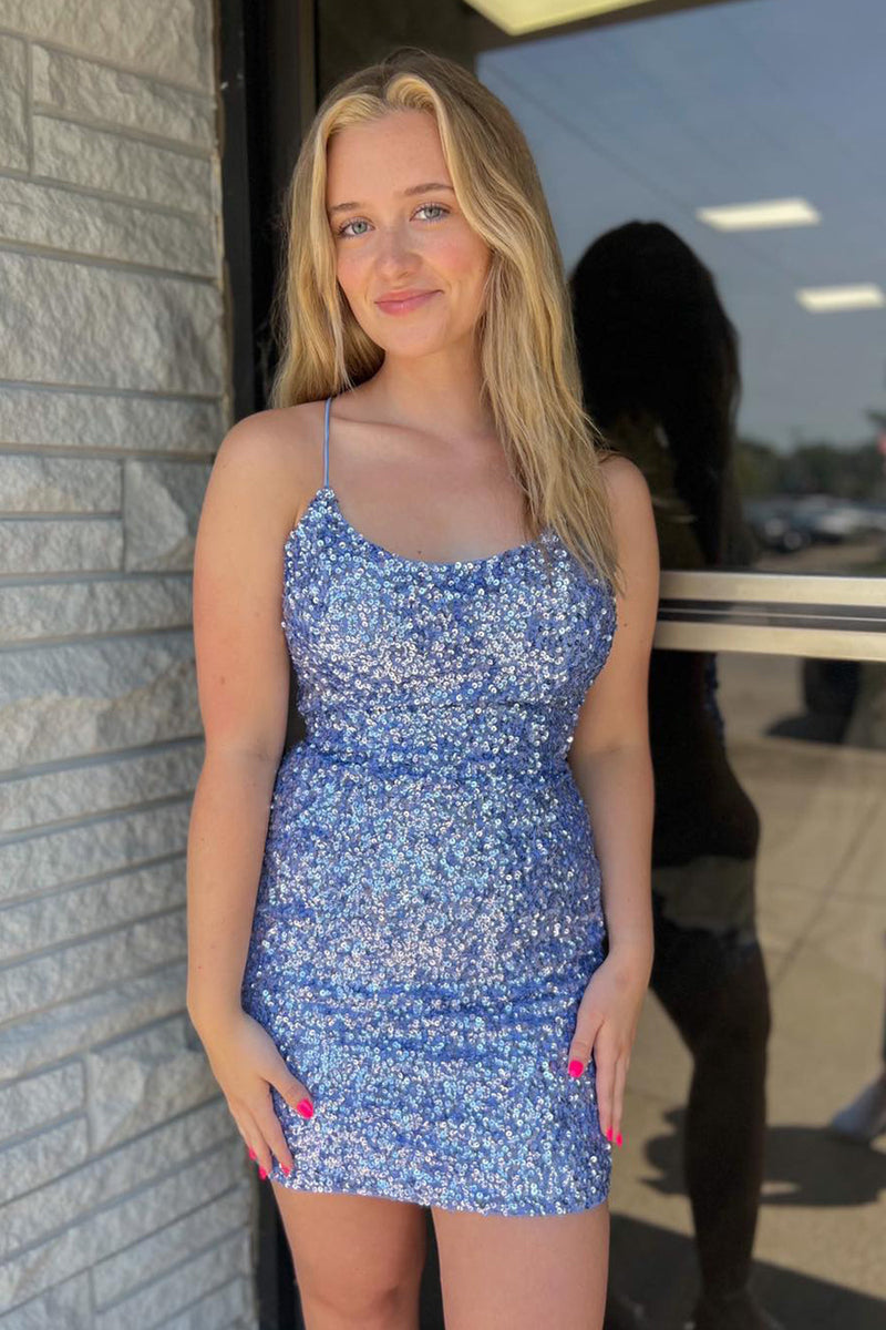 Load image into Gallery viewer, Sparkly Fuchsia Spaghetti Straps Sequined Tight Homecoming Dress