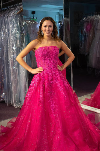 Fuchsia A Line Strapless Long Prom Dress With Embroidery