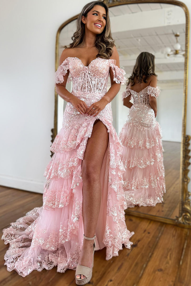 Load image into Gallery viewer, Red Off The Shoulder Tiered Prom Dress