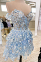 Load image into Gallery viewer, Sparkly A Line Off the Shoulder Blue Corset Homecoming Dress with Tiered Lace