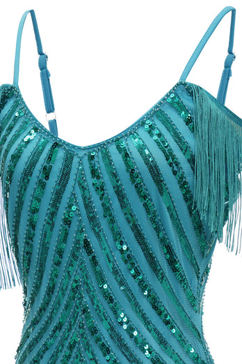Peacock Green Tight Sequins Cocktail Dress with Fringes