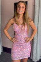 Load image into Gallery viewer, Sparkly Fuchsia Spaghetti Straps Sequined Tight Homecoming Dress